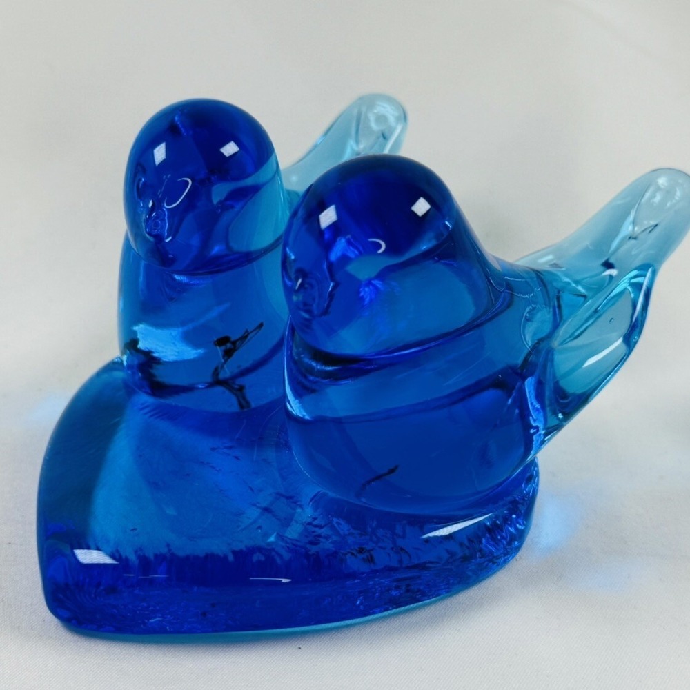 Double Bluebird of Happiness on Heart Cobalt Blue Glass Signed Leo Ward 90 GORG